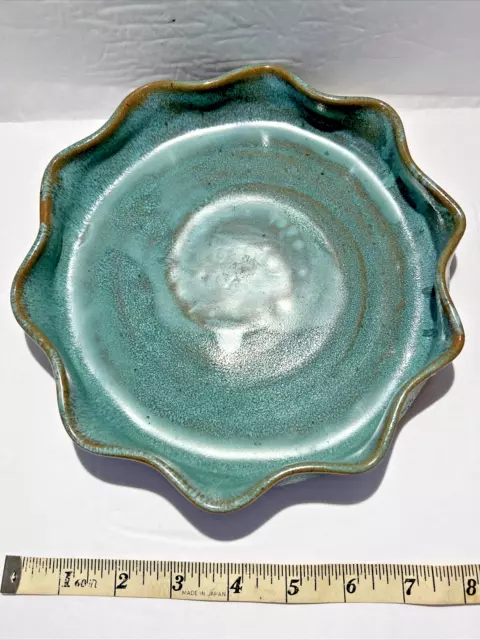 Art Pottery Shallow Bowl / Dish Hand Thrown 8.5" Blue-Green Aqua Teal Swirls