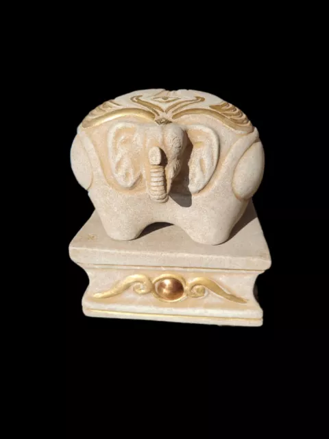 Rare Ceramic Beige Elephant Statue With Pedestal Stand Base Egyptian Design Art
