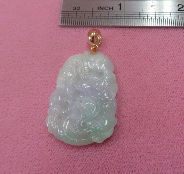 Vtg 14k Solid Y. Gold Carved Dragon Green Lavender Jadeite Jade Pendant 8.62G