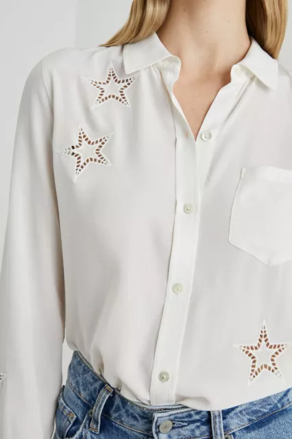 Rails Womens Kate Shirt Eyelet Embroidered Stars Medium Silk Blouse Long Sleeves
