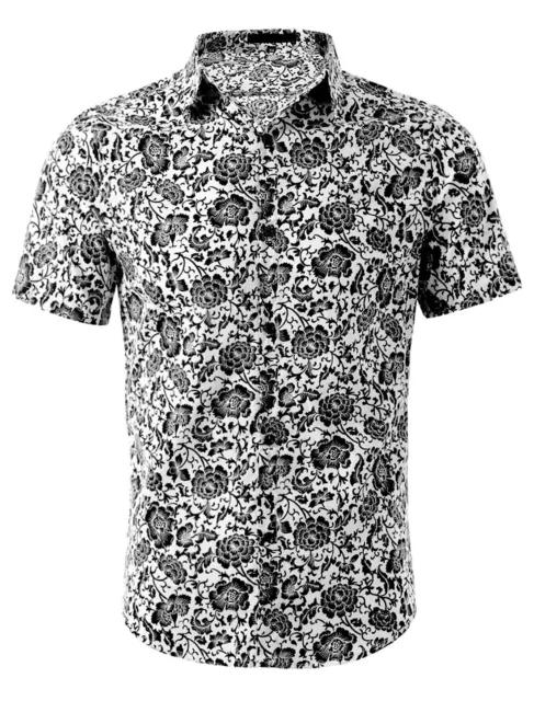 Homme Tee-Chemise à Manches Courtes et Avant Boutonné Imprimé Floral