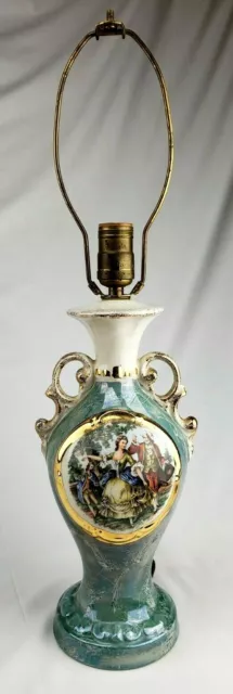 Vintage Porcelain Urn Style Lamp Base Hand Painted Green Victorian Oval Scene