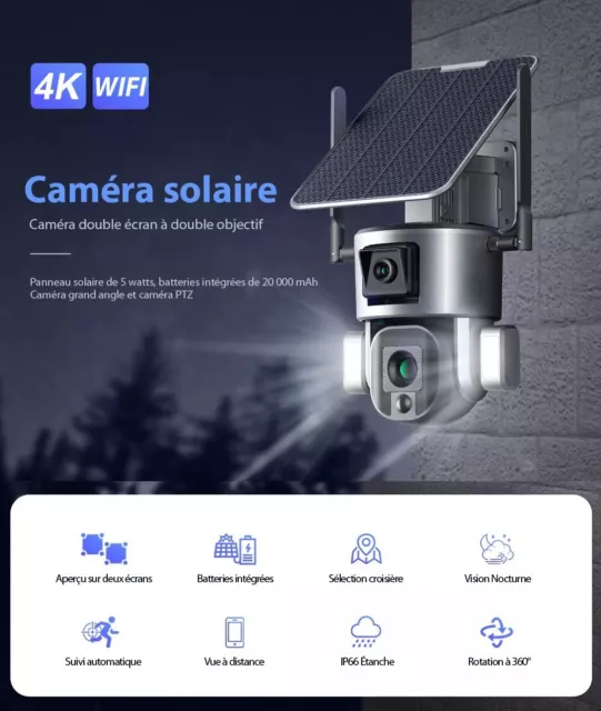 Ctronics 2K 3MP Caméra Surveillance WiFi Extérieur sans Fil Solaire PT