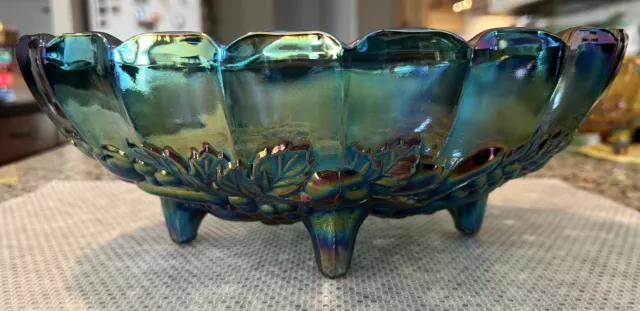 Vintage LG Iridescent Blue Indiana Carnival Glass Footed Oval Fruit Bowl 12"