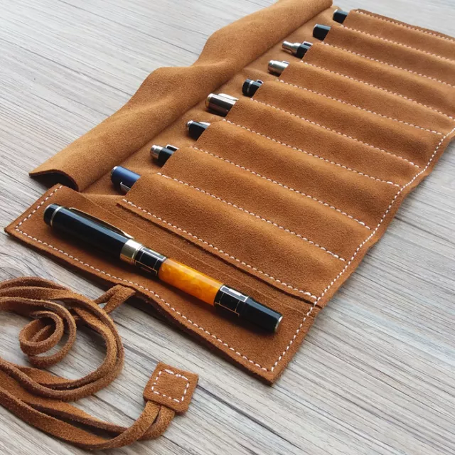 Handmade Cowhide Leather Pen Pouch Roll-up Pencil Case Bag Stationery  Storage