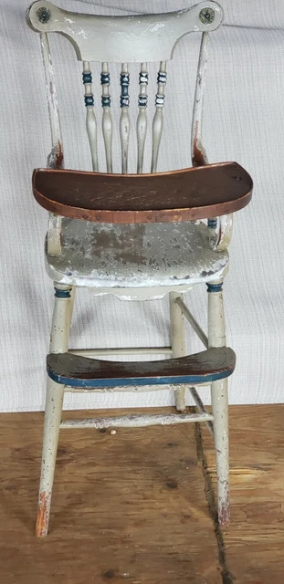 Antique Victorian Child's All Wood Original Old Paint High Chair With Swing Tray