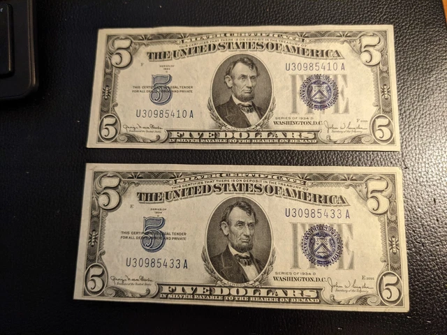 (2) Blue Seal $5.00 Silver Certificate-Series 1934 D  Choice  (23 Numbers Apart) 4