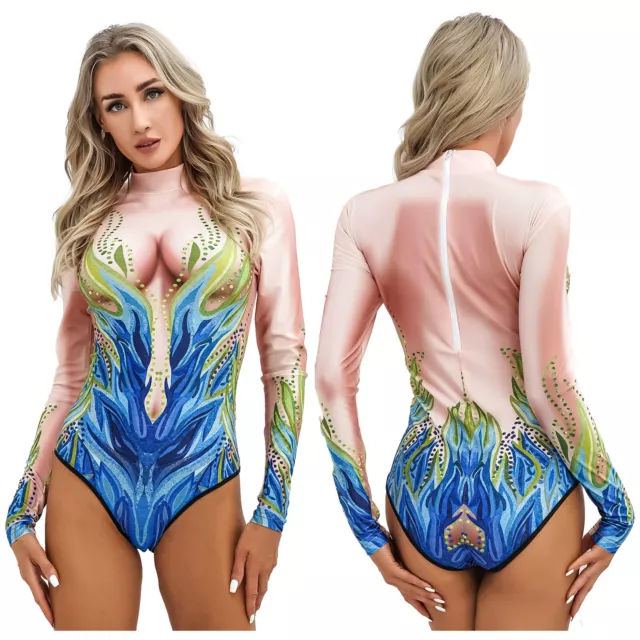 US Women One Piece Mermaid Swimwear 3D Fish Scale Print Long Sleeve Bodysuit
