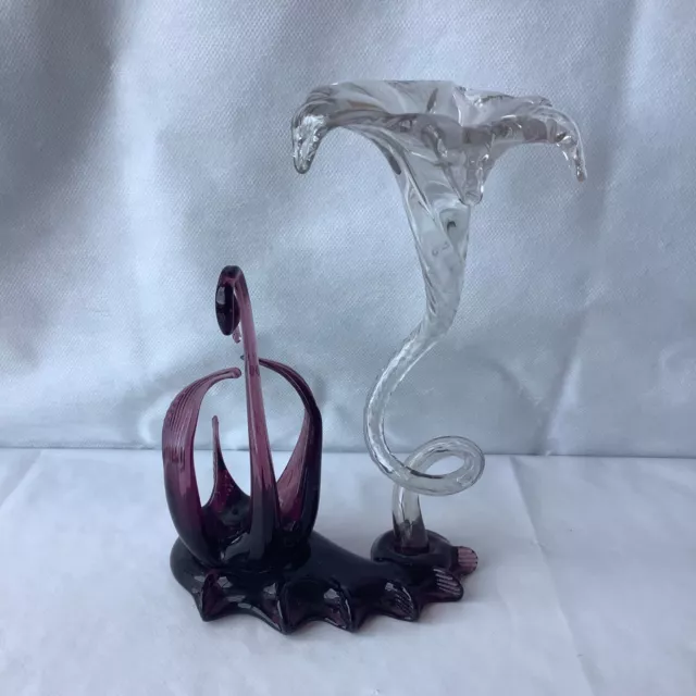 Glass Swan & Lily Ornament - Large - Cranberry Coloured Swan - Retro 20.5cm Tall