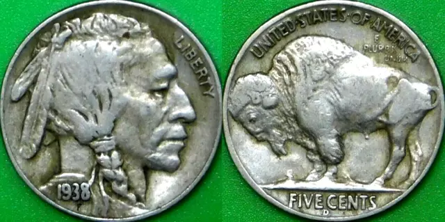 INDIAN HEAD BUFFALO NICKEL 5 cents Américain pièce 1938 intacte DENVER  USA COIN