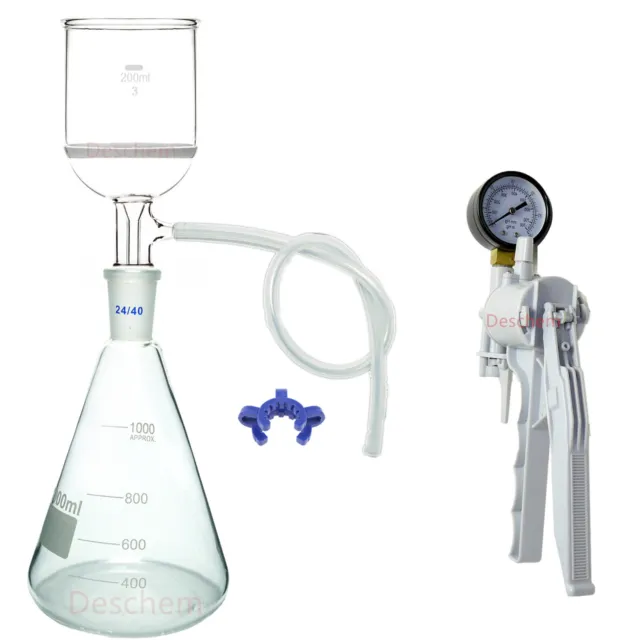 1000ml,Vacuum Suction Filter Device,200ml Buchner Funnel,1L Flask,W/Handle Pump