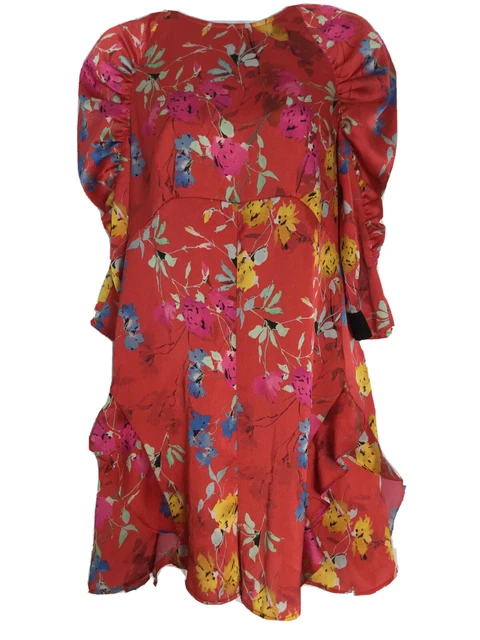 Zara Red Japanese Floral Print Silky Satin Romper Jumpsuit Playsuit Ruffles S