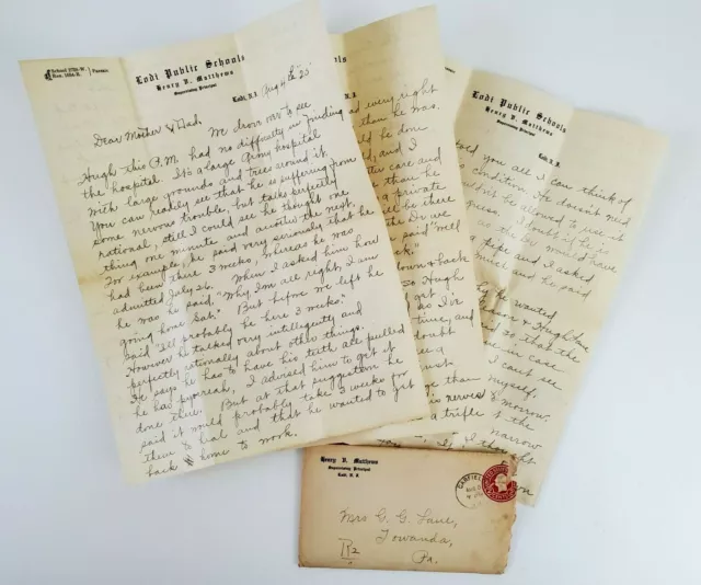 1925 Handwritten Letter Lodi NJ Towanda PA Army Hospital Veteran Correspondence