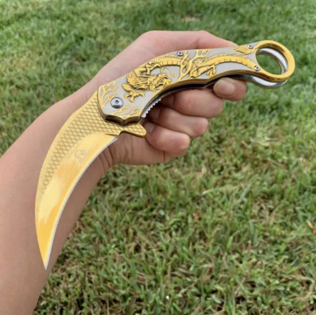 9”Gold CSGO Dragon Karambit Spring Assisted Open Blade Folding Pocket Knife