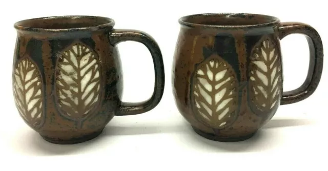 Lot 2 Vtg Ceramic Stoneware Pottery Brown Glazed Leaf Coffee Cup Mug