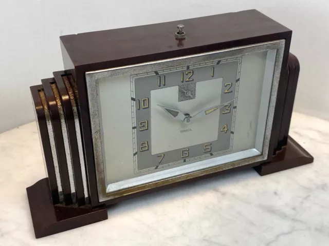 Antique TIERSOL Art Deco Mantel Desk Clock. Windup Alarm FRANCE RARE