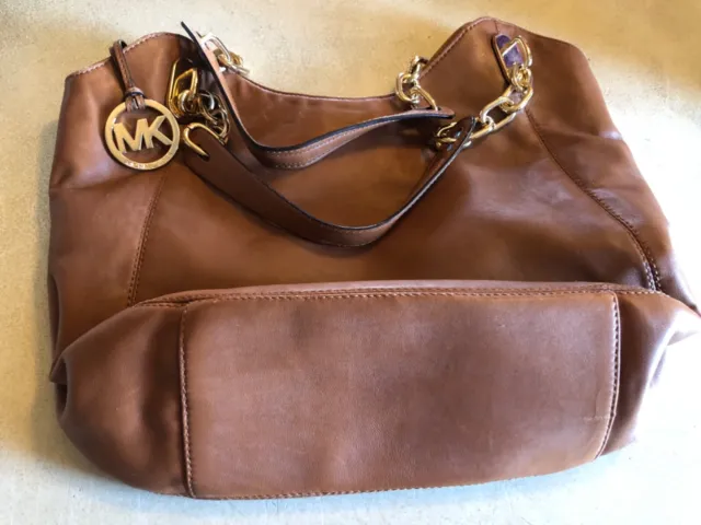 Michael Kors Tan Brown Fulton Shoulder Tote Bag Gold Chain Pebbled Leather Large