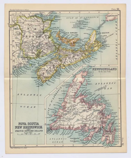1912 Antique Map Of Newfoundland New Brunswick Nova Scotia / Verso Quebec City