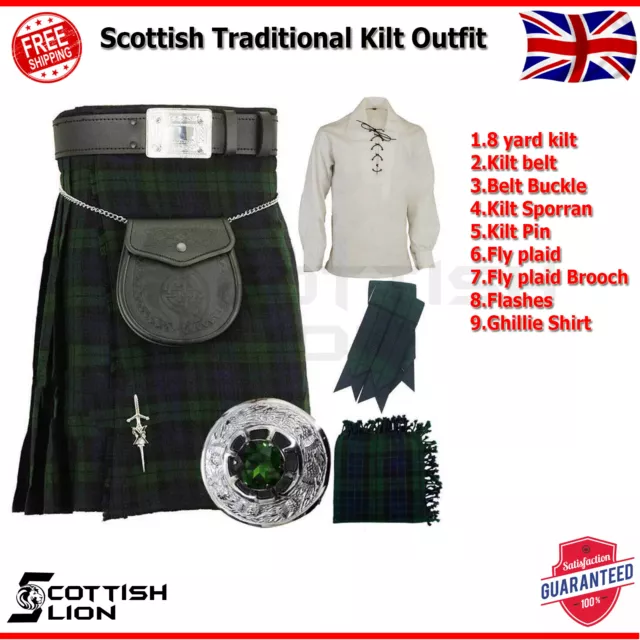 Men's Scottish Highland Outfit Black Watch Tartan Kilt, Fly Plaid Ghillie Shirts