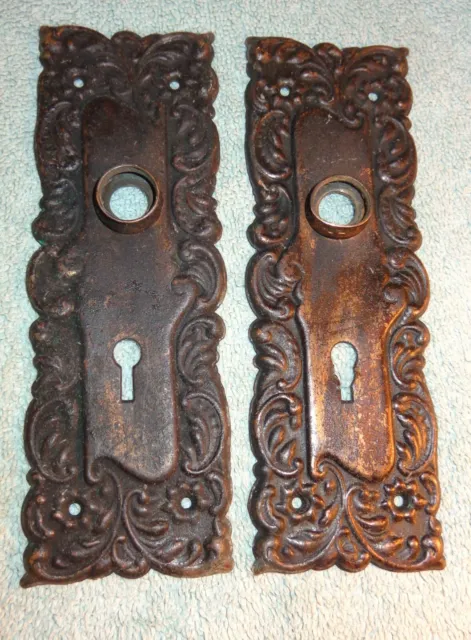 2 Old Antique Ornate Victorian Vintage Door Knob  Back Plates Eastlake? 7-3/8" T