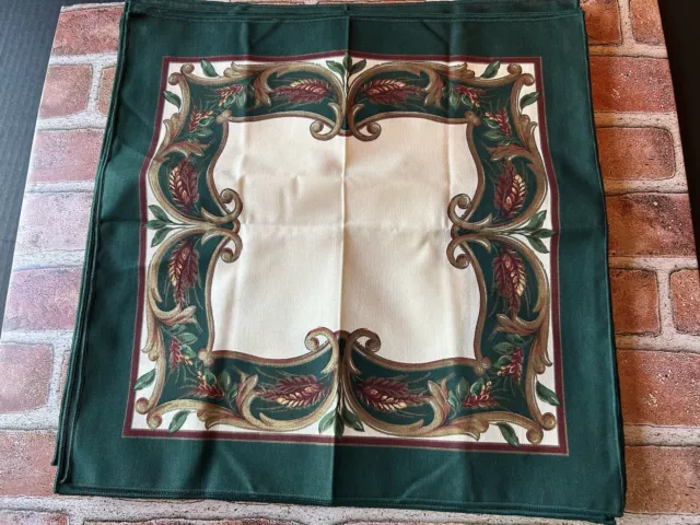 VTG Fabric Fall/Winter Holiday Napkins Set of 12 Green Gold Red Scroll Wheat 17”