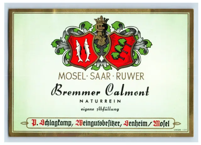 1970's-80's Bremmer Calmong Naturrein German Wine Label Original S19E