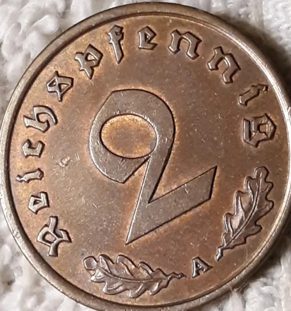 1939 A  WW2 German 2 Pfennig Coin, Heavily Circulated With Flaws ☆