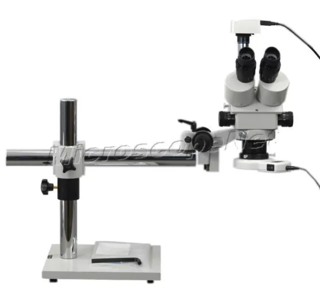 Boom Stand Trinocular Stereo Zoom Microscope 3.5X-90X+54 LED Light+1.3MP Camera