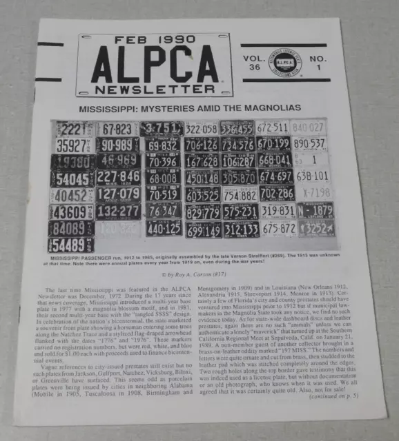 ALPCA Newsletter magazine February 1990 Mississippi plates