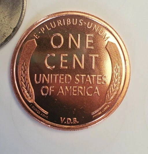 1909-S VDB Lincoln Wheat Cent RESTRIKE BU LARGE 1 OUNCE SOLID COPPER BULLION