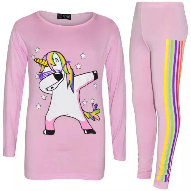 Kids Girls Xmas Set Rainbow Unicorn Dab Floss Baby Pink Top & Legging 7-13 Years