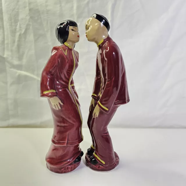 Vintage Asian Couple Woman & Man Kissing Hand Painted Pottery Figurines 8" Tall