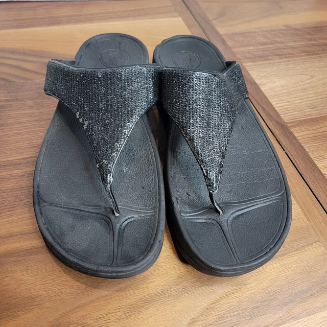 Fitflop Electra Sequined Comfort Slip On Black Thong Sandal Women's Size US 10