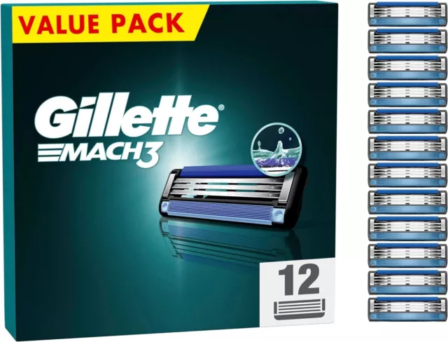 Gillette Mach3 Razor 3 Blades For Men 12 Refill Cartridges Classic Smooth Shave