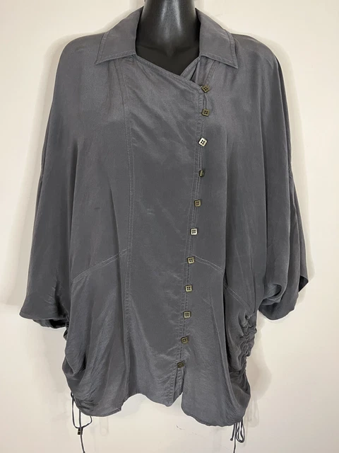 Manning Cartel Charcoal Grey Silk Batwing Button Front Collar Shirt Blouse Sz 8