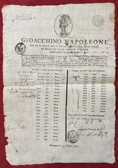 Regno Delle 2 Sicilie Gioacchino Napoleone Fasano Documento Di Sanità 1811
