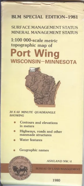 USGS BLM edition topo map Wisconsin Minnesota -PORT WING- 1981 - mineral - 100K