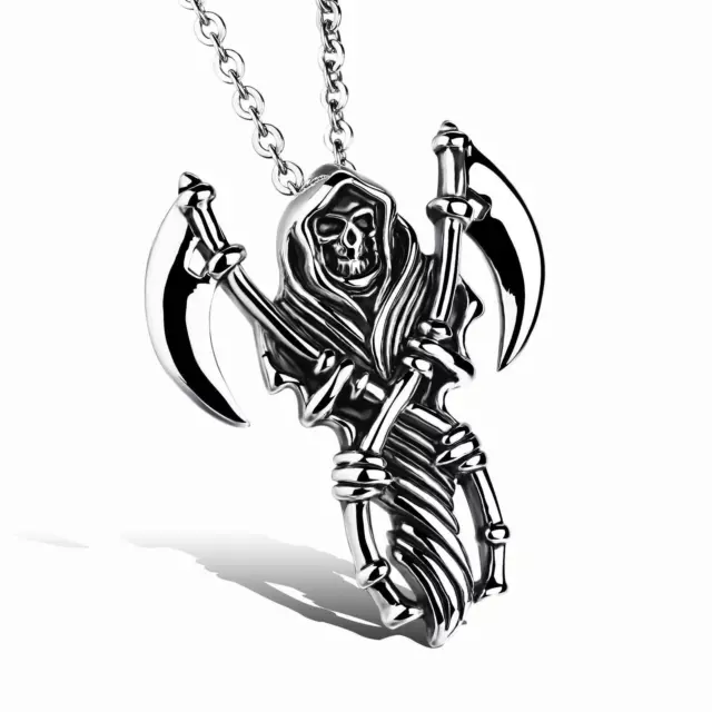 Death Grim Reaper Pendant With Chain Stainless Steel Scythe Sickle Skull