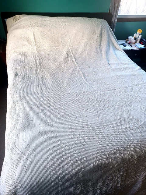Vintage Morgan Jones Chenille Bedspread Beige Lurex Popcorn Full "95x112"