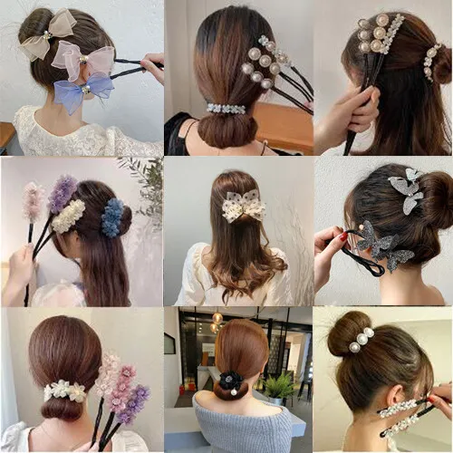 1PCS Women Flower Donut Bun Maker Big Pearls Ribbon DIY Hair Style Making Tools.