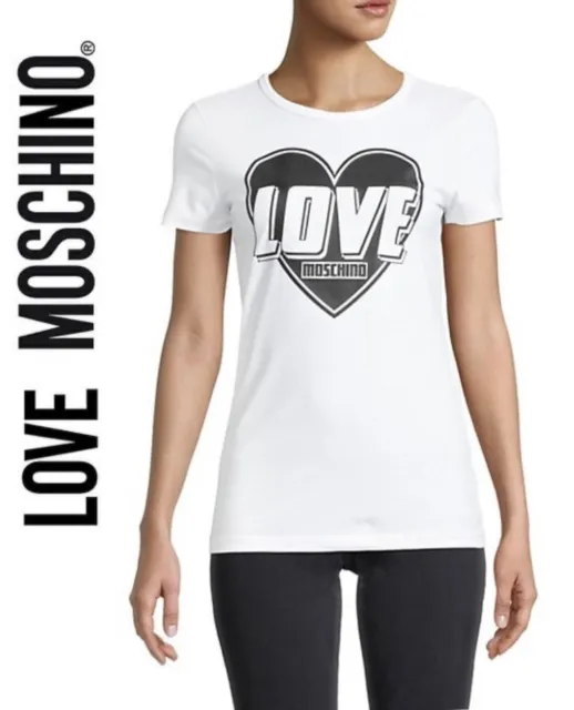 Love Moschino Graphic Heart Embroidered T Shirt in White Size 44(8) NWT