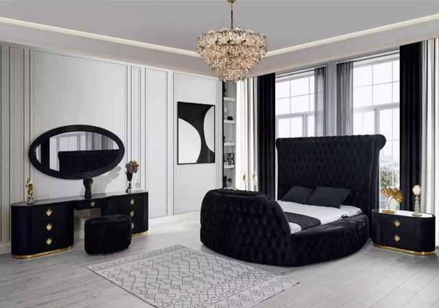 Dormitorio negro juego cama 2 mesitas de noche maquillaje Chesterfield 5 piezas