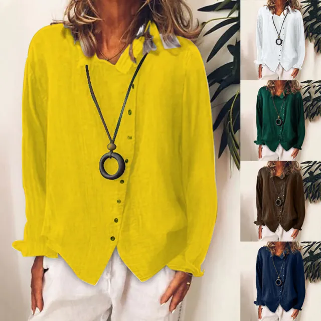 Womens Cotton Linen Plain Blouse Tops Ladies Baggy Long Sleeve Casual T-Shirt A9