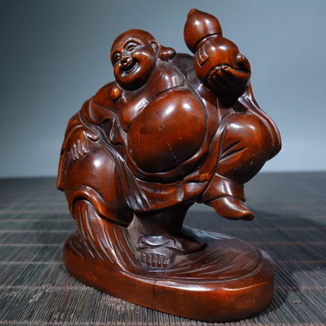 Vintage Chinese Wooden Carving Laughing Buddha Statue Wood Figurines Decoration 2