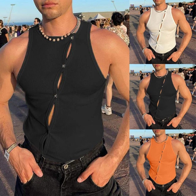 T-shirt uomo slim fit senza maniche con bottoni anteriore canotta palestra gilet