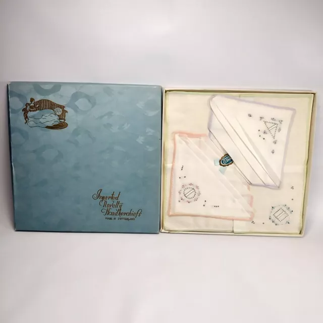 NOS 3 Swiss Embroidered Handkerchiefs Hankies Boxed Set