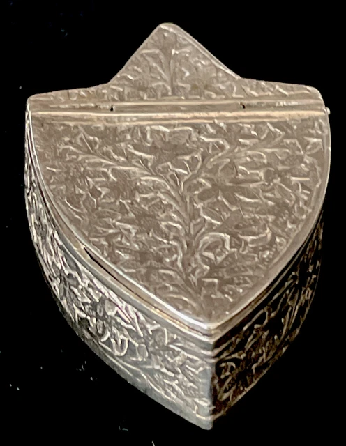 Antique Silver Middle Eastern Engraved Foliate Shield Shaped Snuff Box