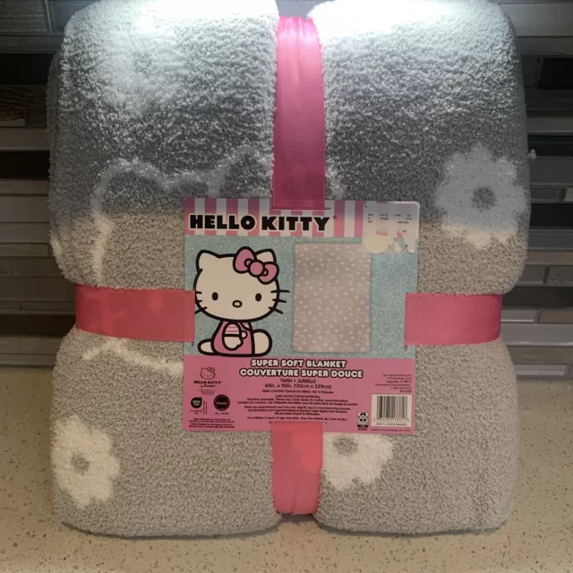 New Hello Kitty Gray Reversible 60 x 90 Plush Twin Super Soft Blanket