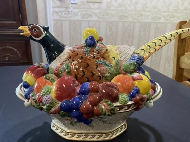 Fitz & Floyd Autumn Bounty Pheasant Soup Tureen Majolica Fruits Vegetables MINT