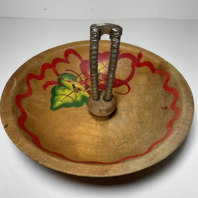 Vintage Wood Wooden Nut Bowl Nut Cracker Set Painted Leaves Acorns